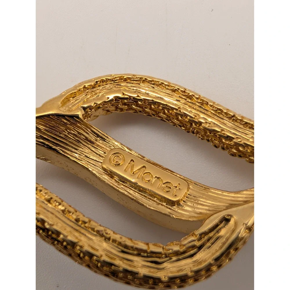 Signed Monet Gold Tone Textured Mesh Swirl Brooch Pin Abstract Modernist Vintage